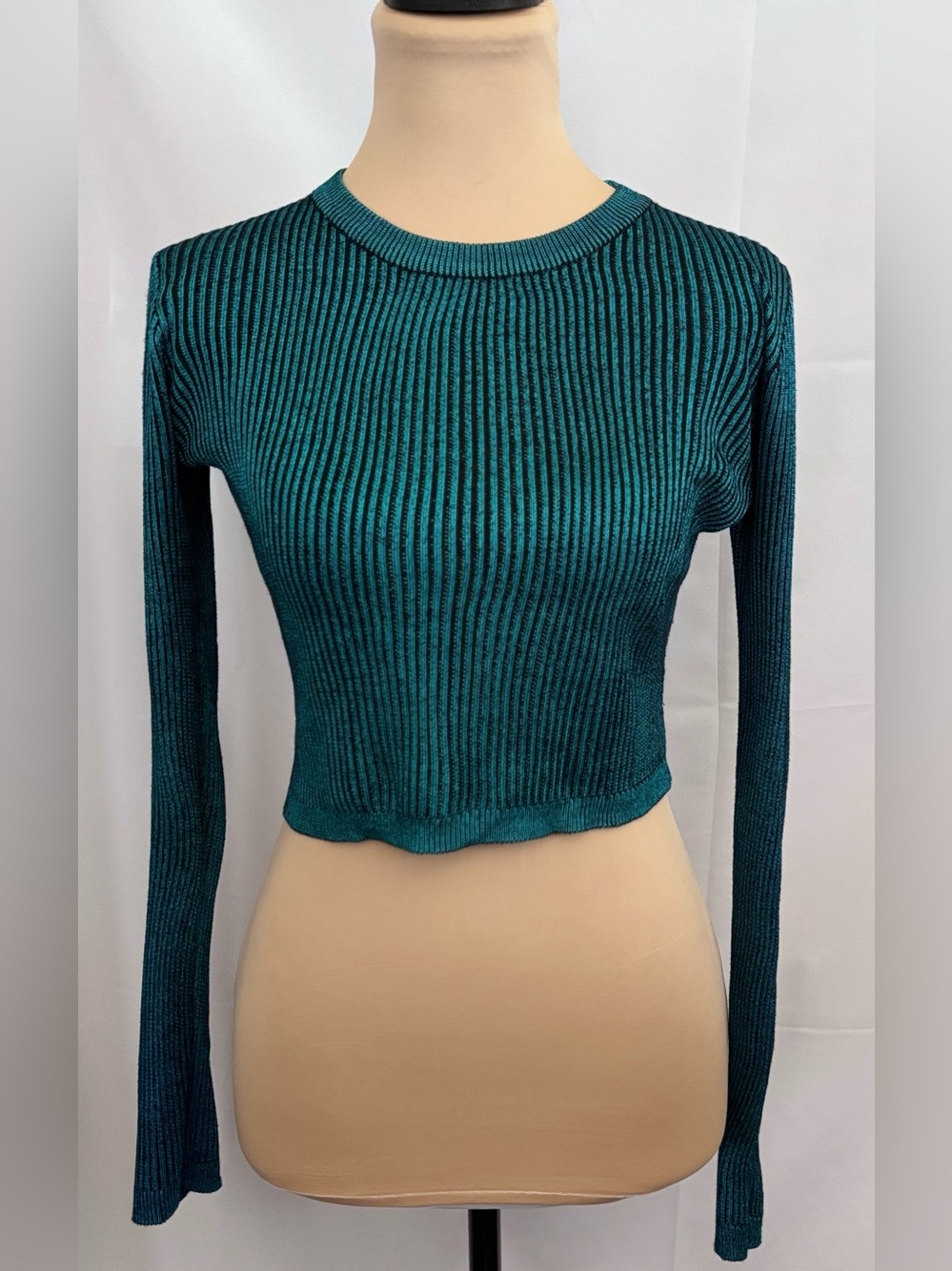 Wow Couture Dark Green/Teal Long Sleeve Ribbed Cropped Top Size Small